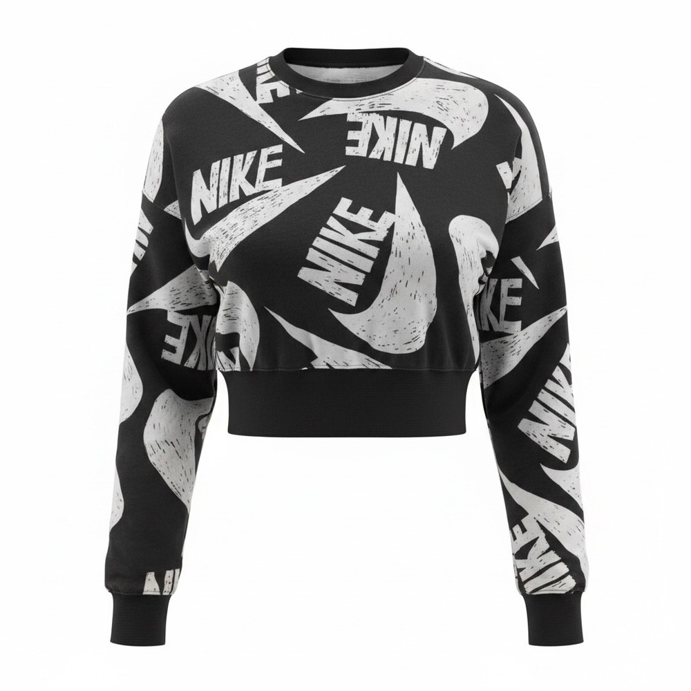 Nike Sportswear Womens Black All Over Print Swoosh Logo Cropped Sweatshirt L - Picture 8 of 8